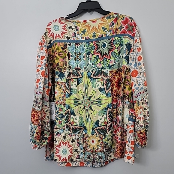 John MarkWoven Floral Print Split Neck 3/4 Cuffed  Tassel Tie Embroidered Tunic - Picture 7 of 10